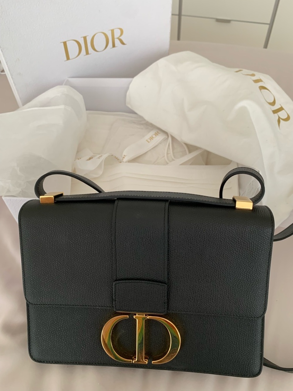 Dior Montaigne Black Calfskin Leather Crossbody Bag with Gold CD Clasp
